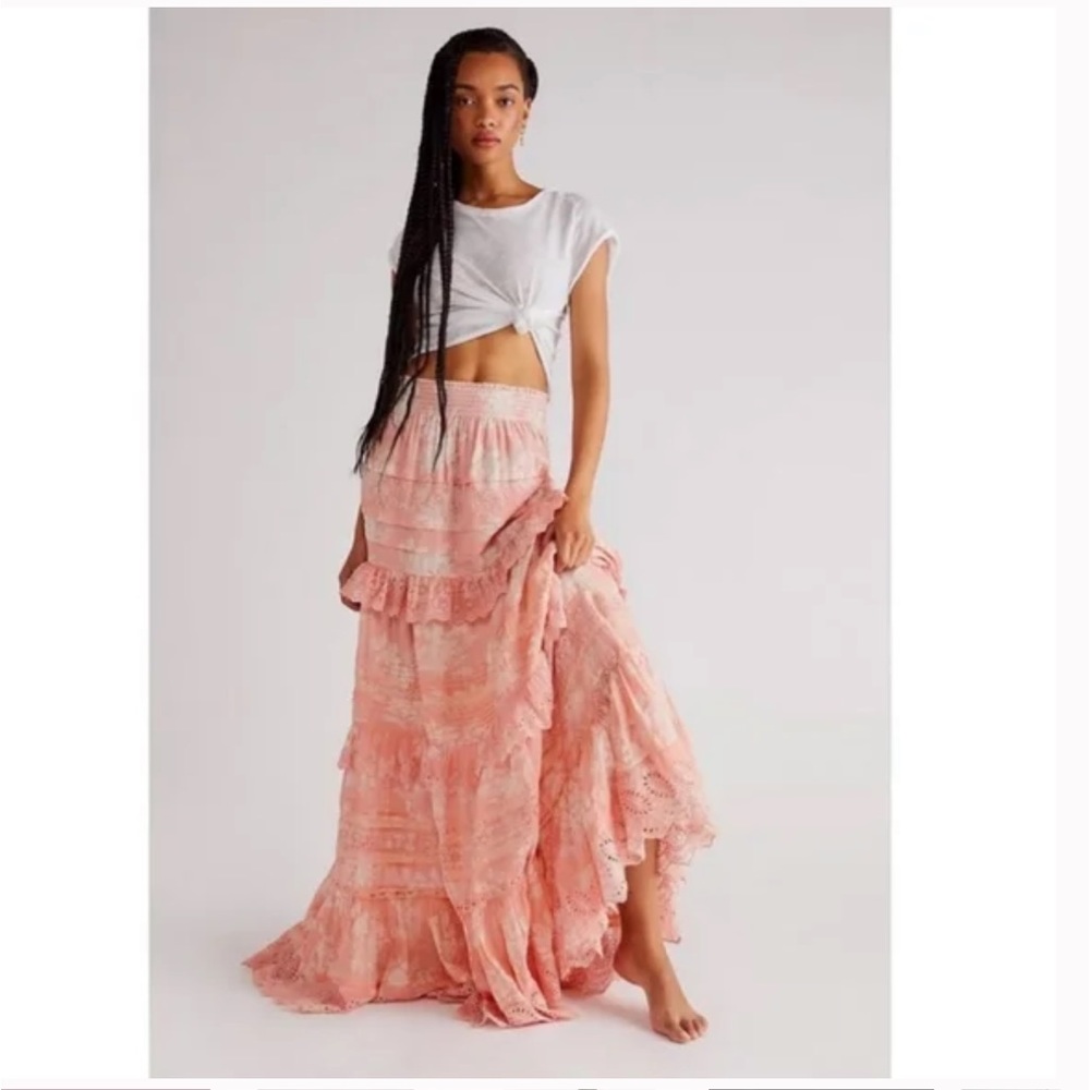 LoveShackFancy Ariah Floral Lace Ruffle Maxi Skirt w/ Slit Size P / XS $595 NWT